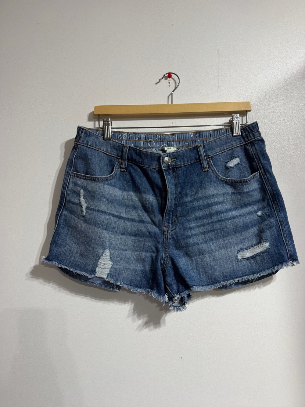 Aerie Distressed Denim Jean Shorts Blue Elastic Bandana Waistband Size Large L